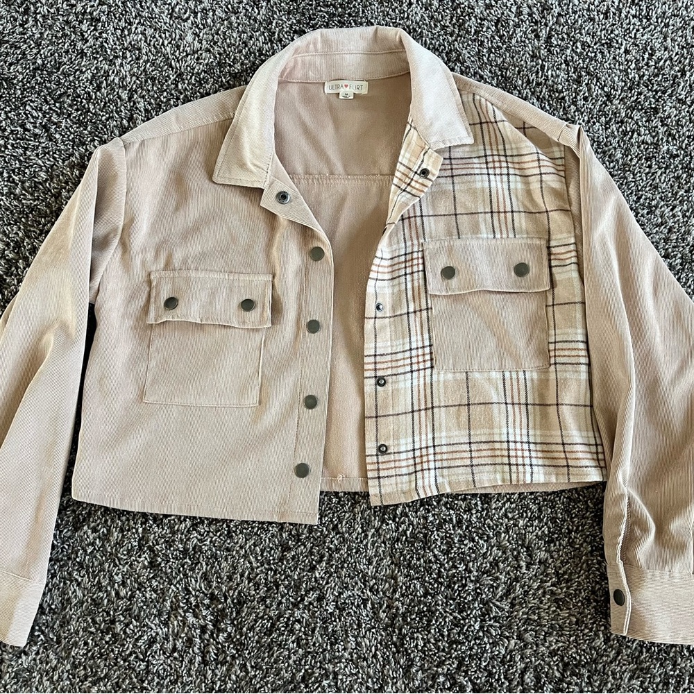 Ultra Flirt Tan and Cream Utility Jacket with Plaid Accent